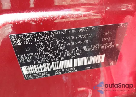 2017 Toyota Rav4 Le z USA, uszkodzony, nr VIN 2T3BFREV7HW614339